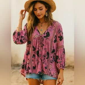 Free People Pink Just The Two of Us Top M Oversized Floral Pink Boho Chic